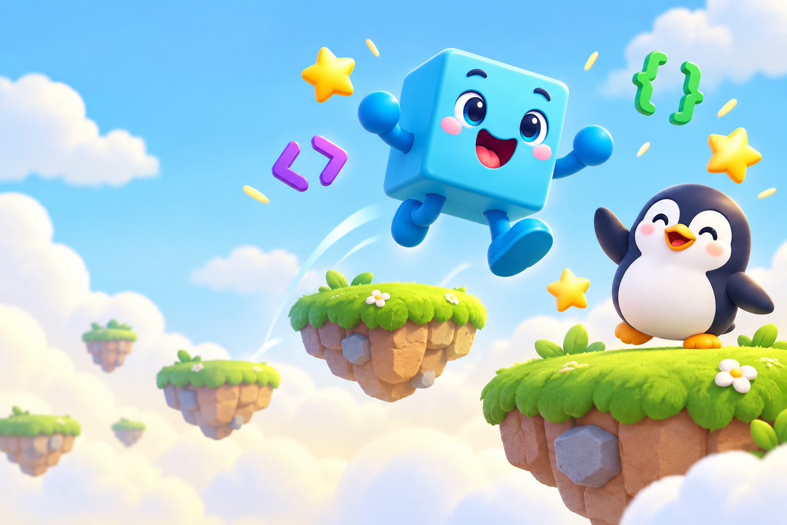 A cheerful blue cube and penguin exploring a colorful platform world